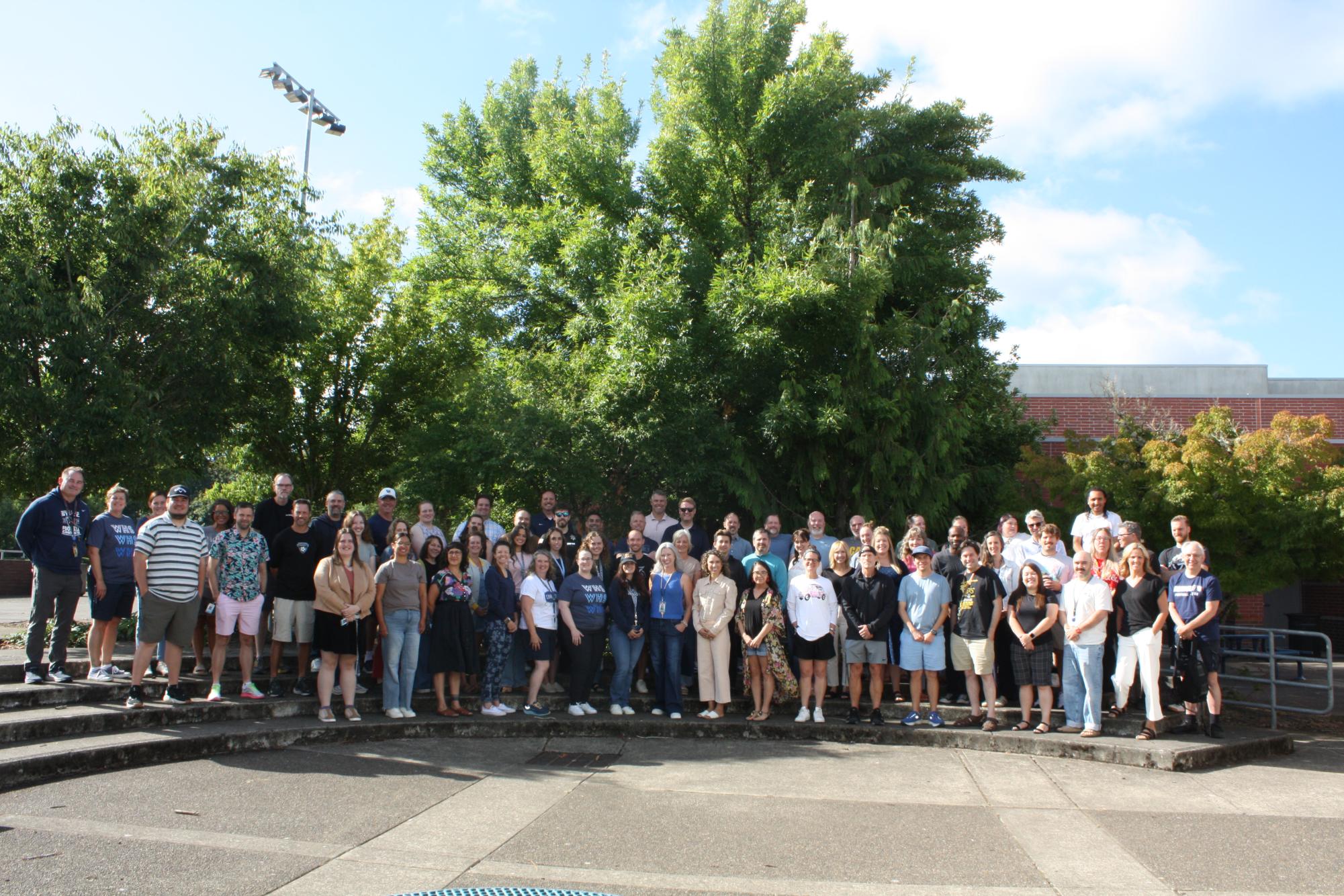 Before kicking off freshmen orientation, the entire staff from Wilsonville huddle together for a group photo. It takes an army to run Wilsonville, and students are beyond grateful for the support and mentorship. 