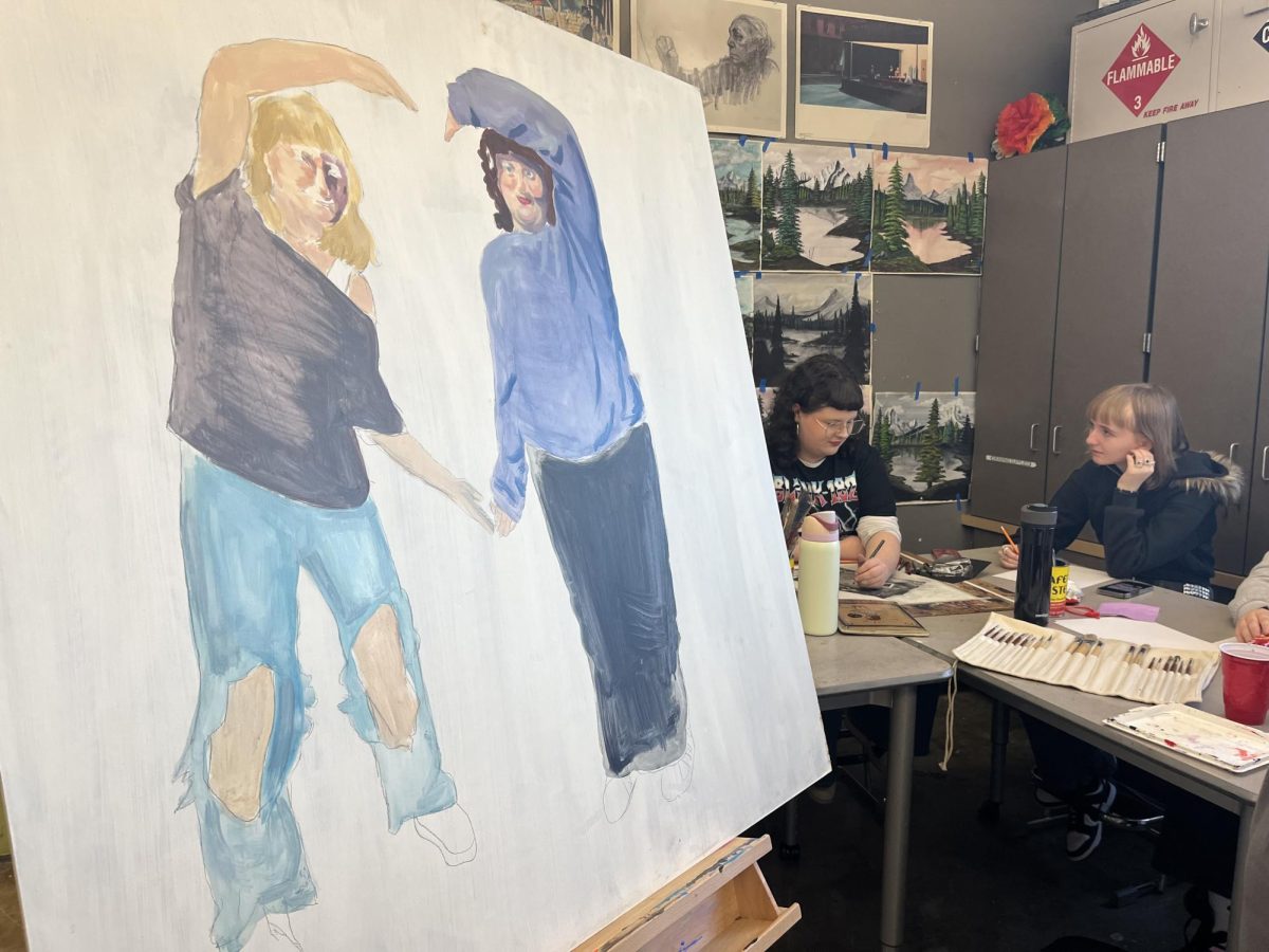 Audrey Townes painting that features her creative friends Julia and Aaron. She uses a more realistic style in her portrait, a photo of her two friends creating a heart. 