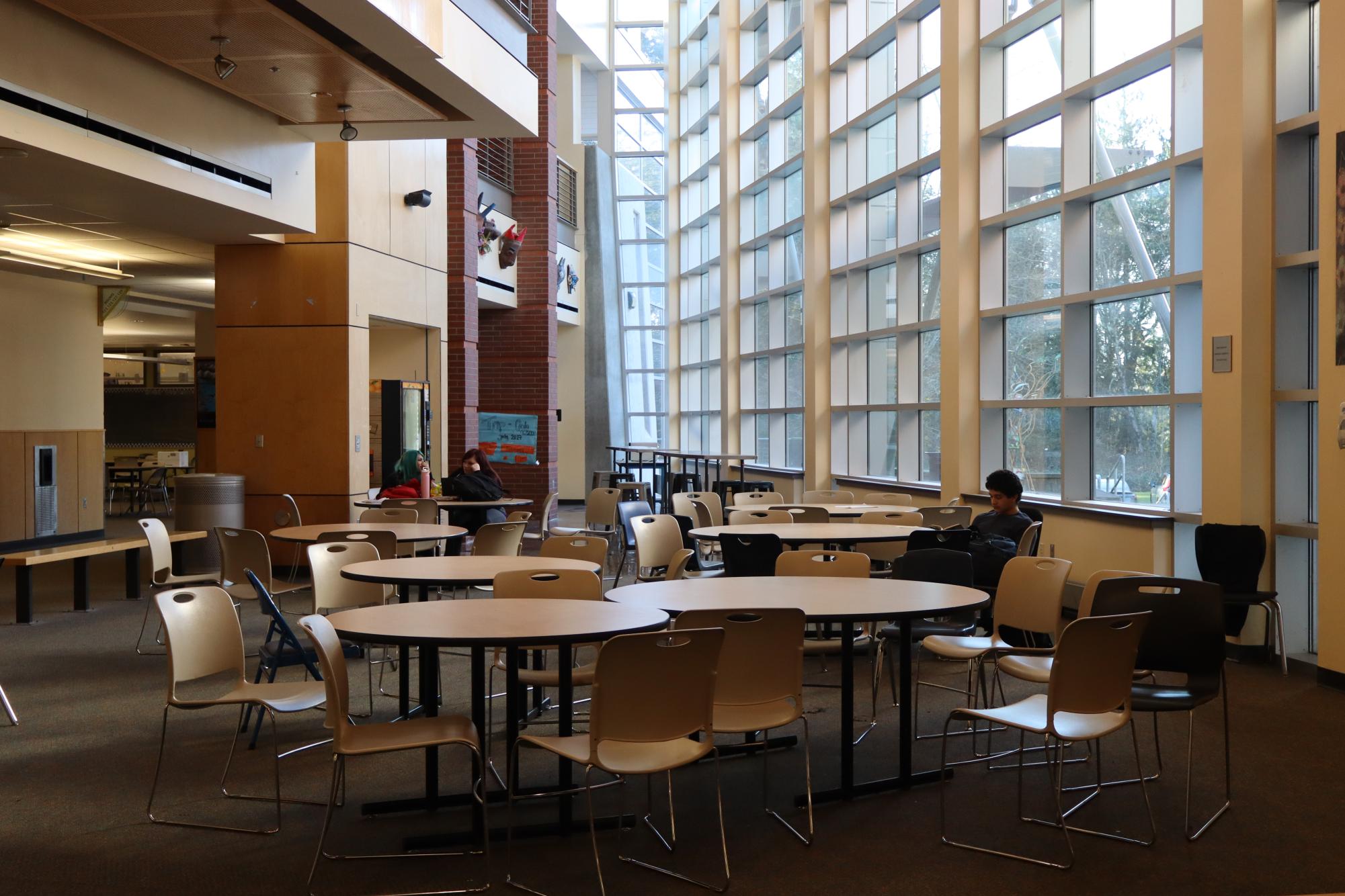 3:30 PM at the Pointe. Some students are pictured getting some studying done after classes.