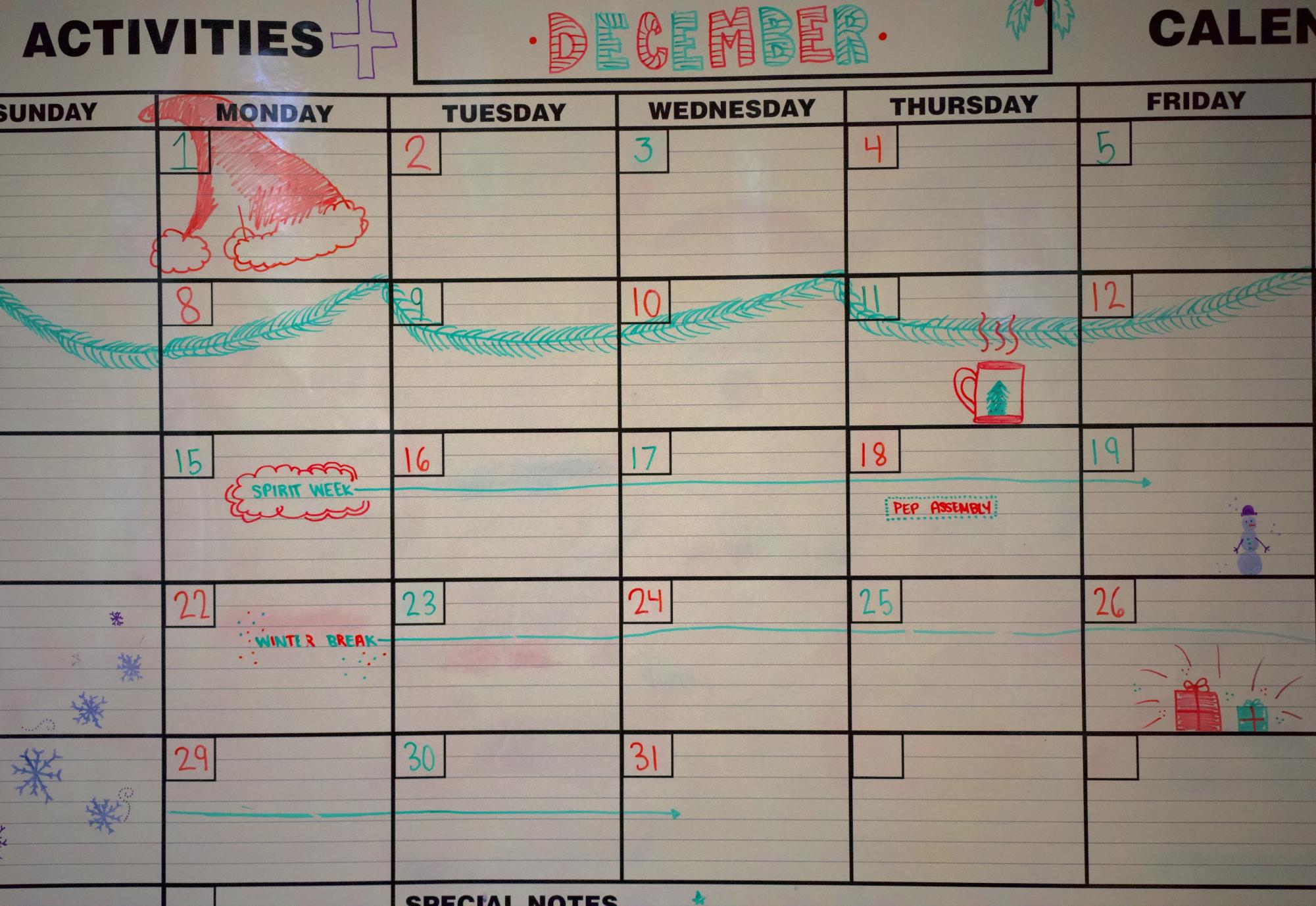 Outside of Mrs. Molotores classroom was a December calendar. The calendar helped share upcoming events, while also being a fun way for students to count down until winter break!