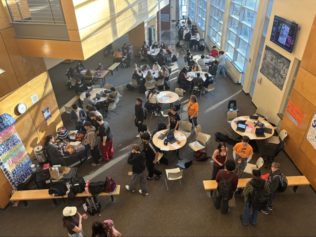 An overhead view of the event, which took place in the Pointe. Tables were organized by subject, but many friend groups sat together to make studying more fun.