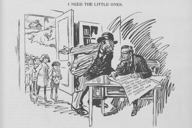 A Political cartoon from 1914 showing a businessman demanding children be taken from school for factory work. Child labor was one of the many brutal realities of the Gilded Age that nostalgia glossed over as Americans embraced a “return to normalcy.”
