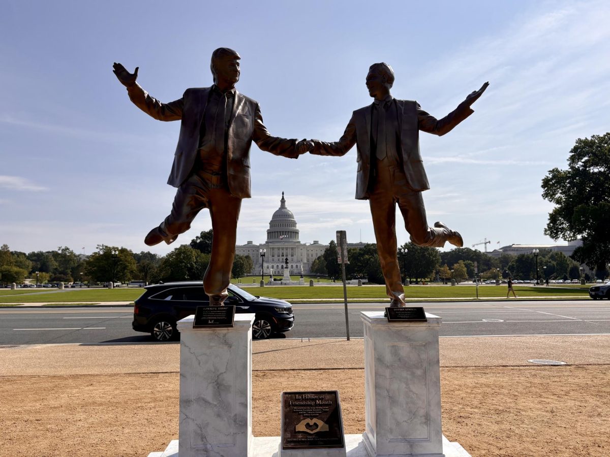 Pictured is a Trump and Epstein friendship statue built in 2025. This statue was built to honor friendship month. 