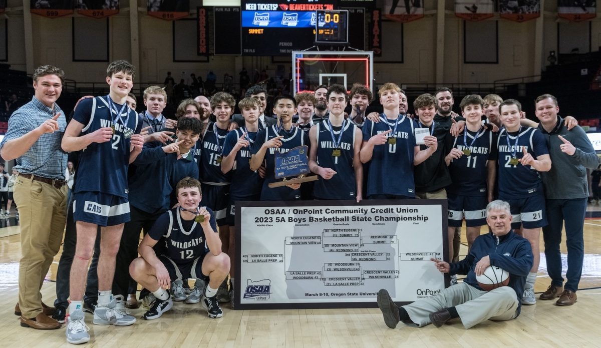 Wilsonville basketball sets up for a picture in front of one of many brackets they won