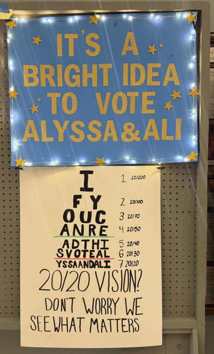 Some examples of the election posters. Each candidate completes two posters and hang them in the commons.