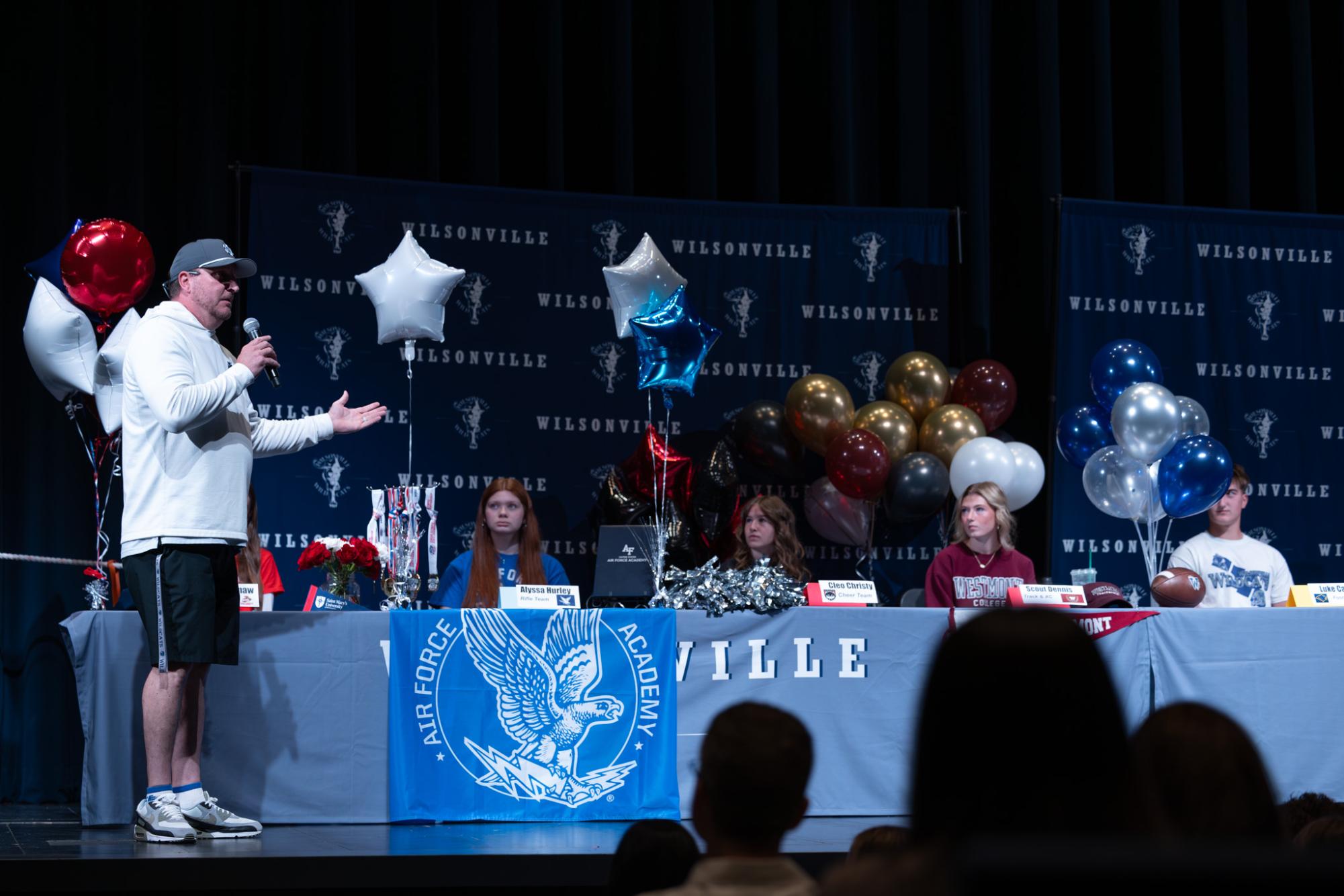 Josh Davis gives an introduction for the 2026 Signing Media. Davis is Wilsonville High Schools Assistant Principle and Athletic Director.
